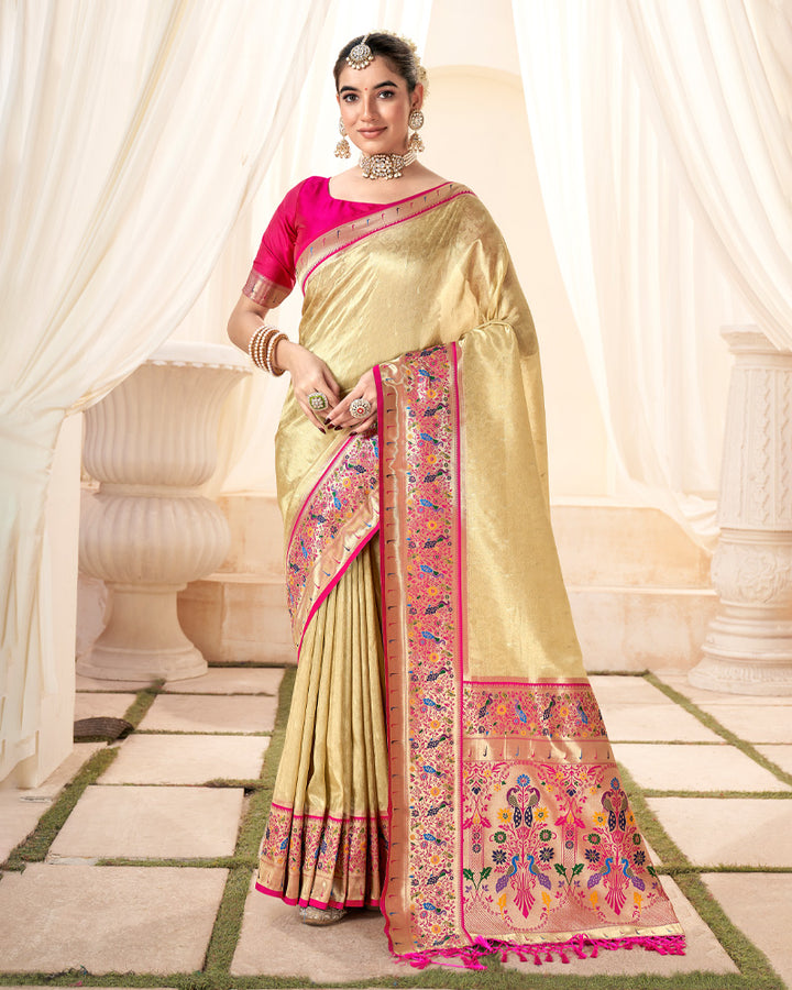 Dark Cream  Silk Saree With Embroidered Zari Work Pallu