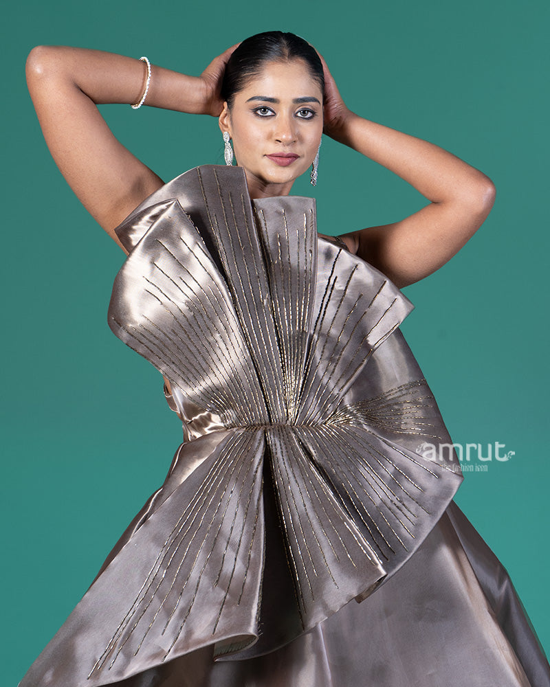 Taupe Embellished Bow Party Wear Gown 02