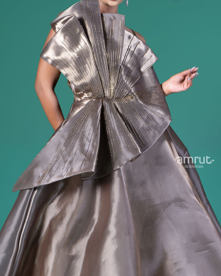 Taupe Embellished Bow Party Wear Gown 03