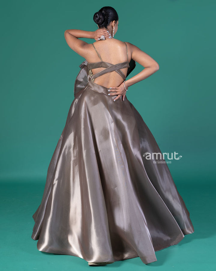 Taupe Embellished Bow Party Wear Gown 05