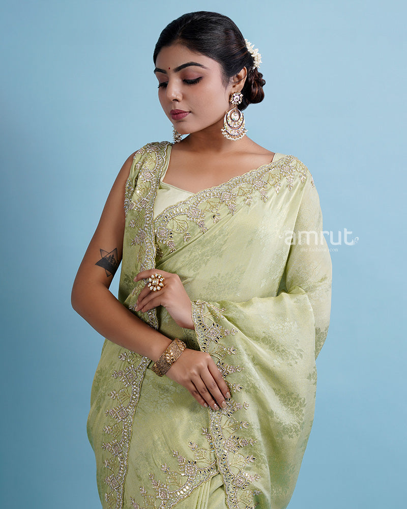 Tea Green Hand Embroidered Party Wear Saree