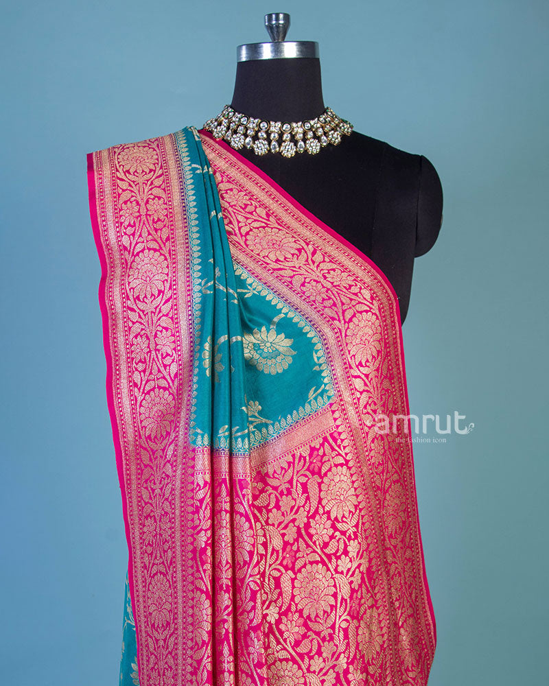 Teal Blue Banarasi Saree With Unstitch Blouse