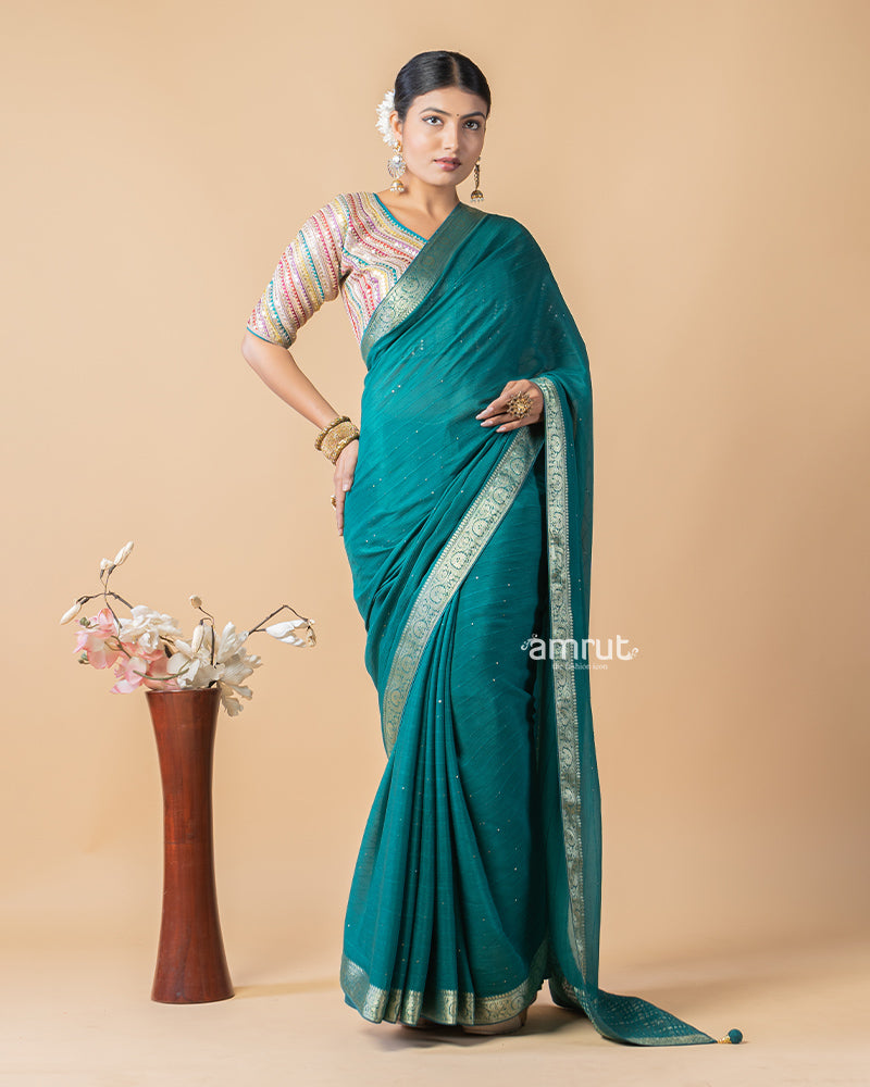 Teal Blue Chiffon Saree With Stitched Blouse