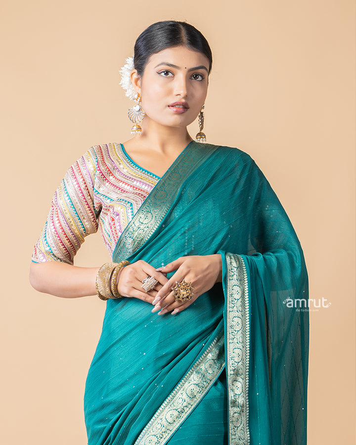 Teal Blue Chiffon Saree With Stitched Blouse