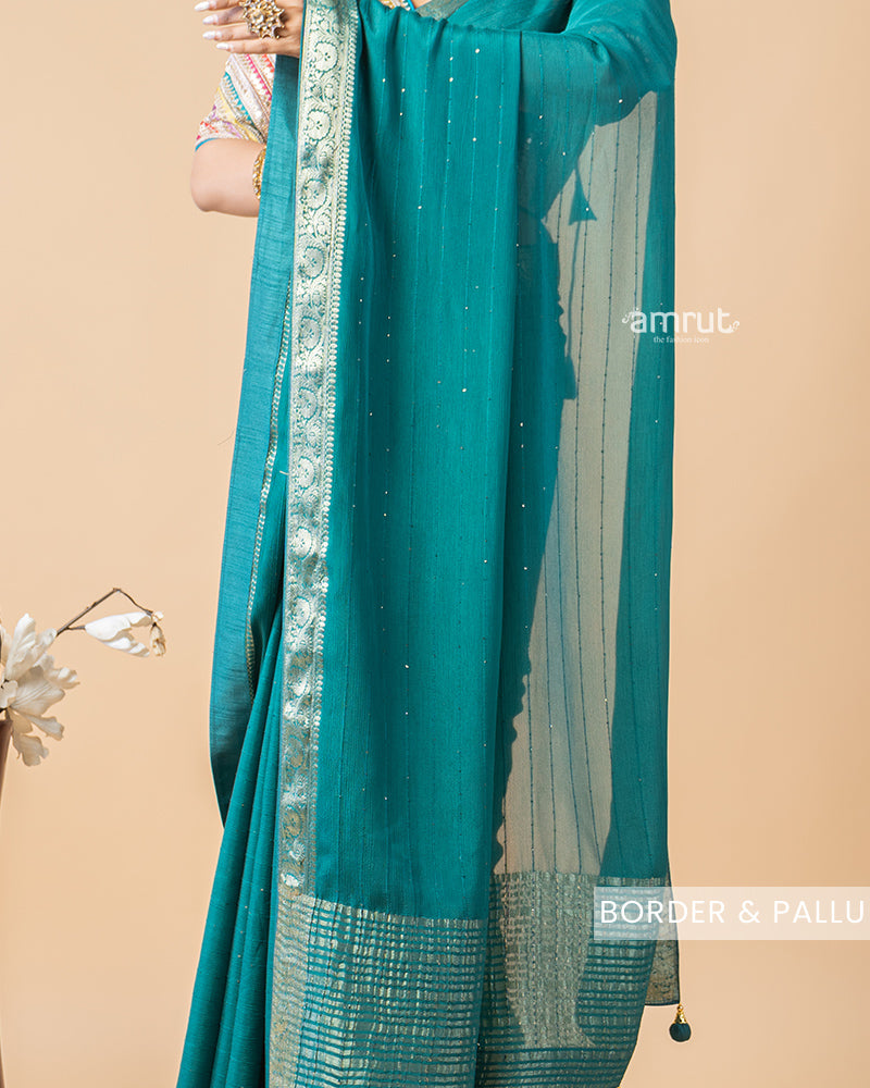 Teal Blue Chiffon Saree With Stitched Blouse