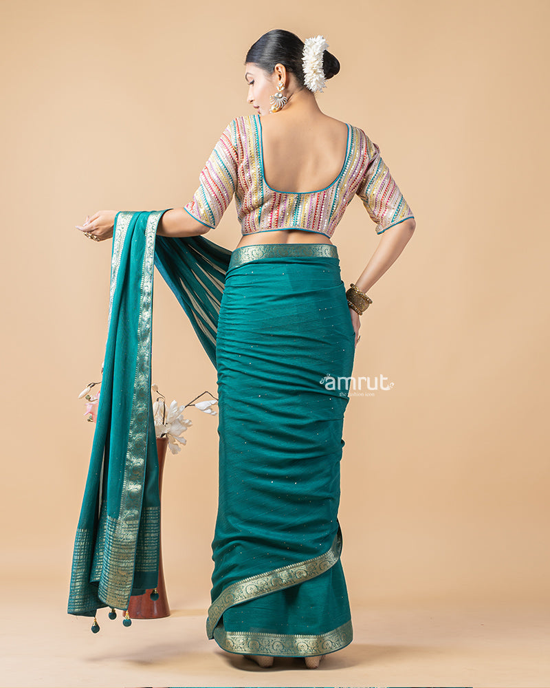 Teal Blue Chiffon Saree With Stitched Blouse