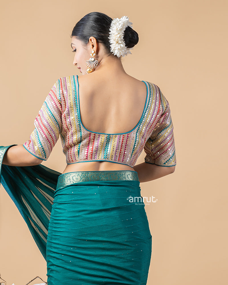 Teal Blue Chiffon Saree With Stitched Blouse