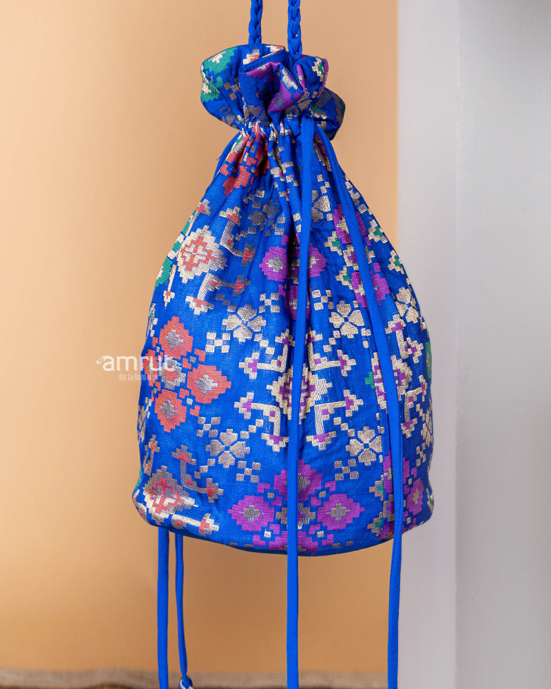 Teal Blue Designer Potli Bag for Women In Cotton Silk