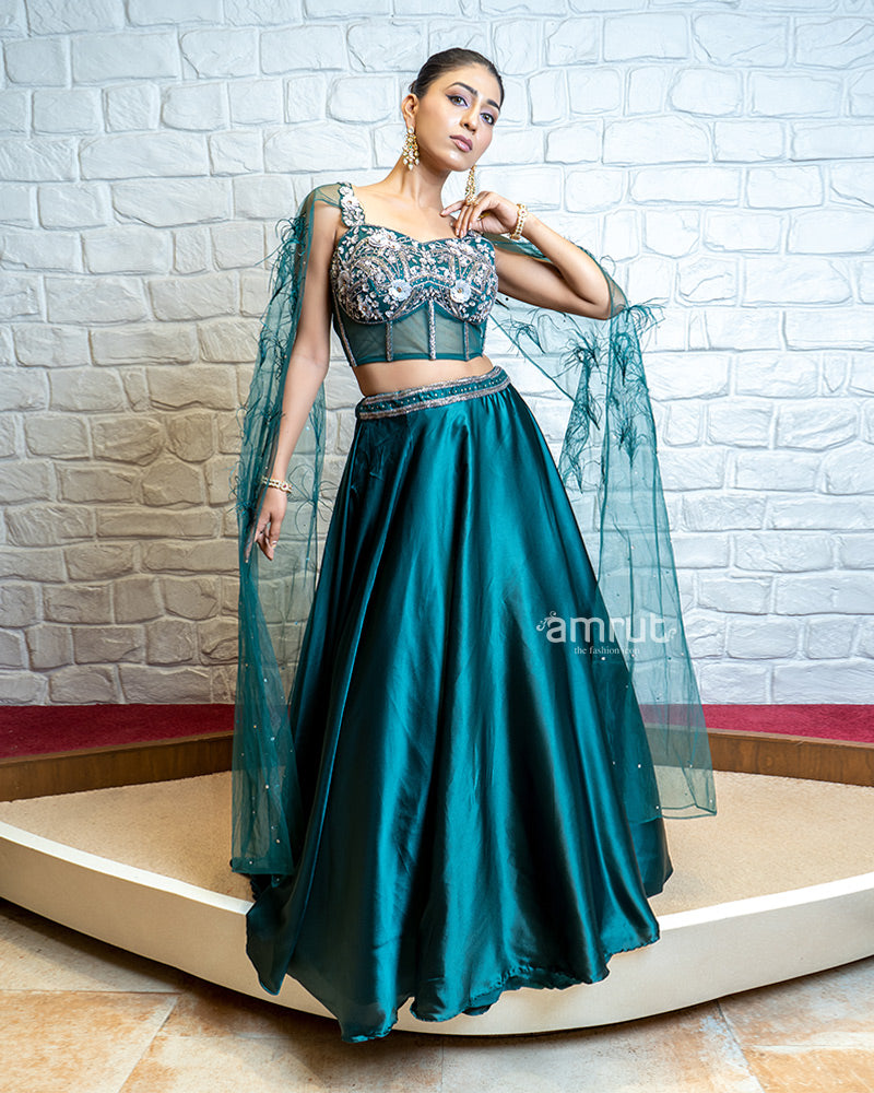 Teal Blue Lehenga Paired With Embroidered Crop Top