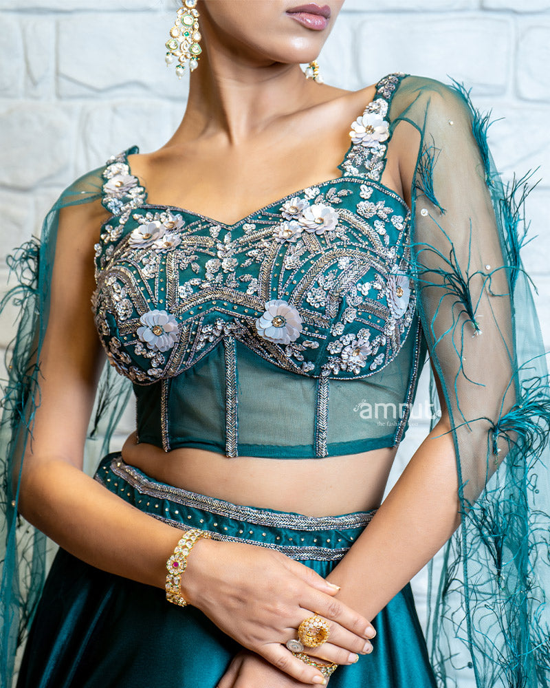 Teal Blue Lehenga Paired With Embroidered Crop Top