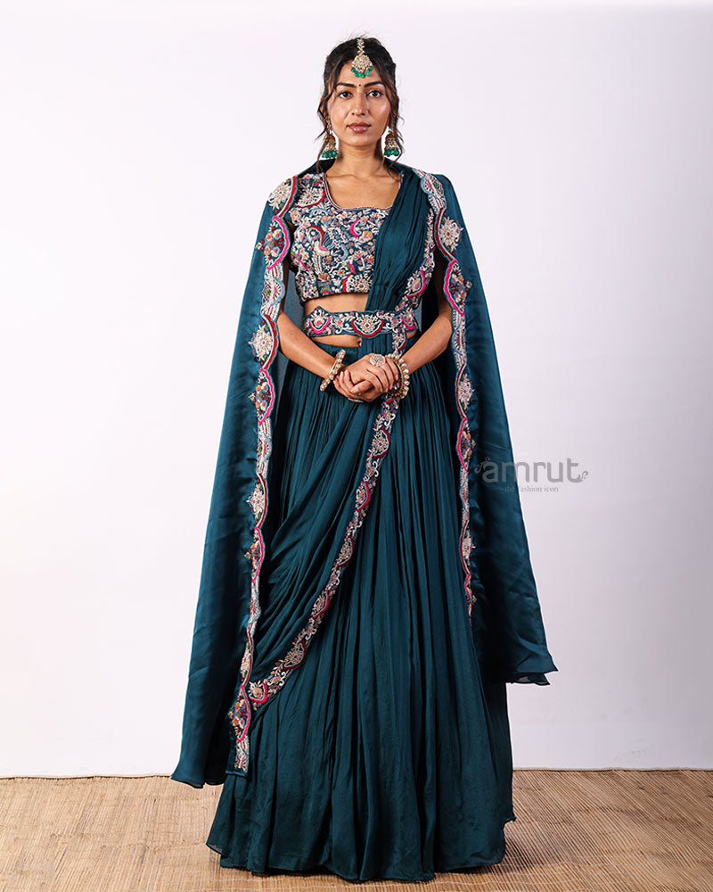 Teal Blue Lehenga Set With Belt and Fully Worked Blouse