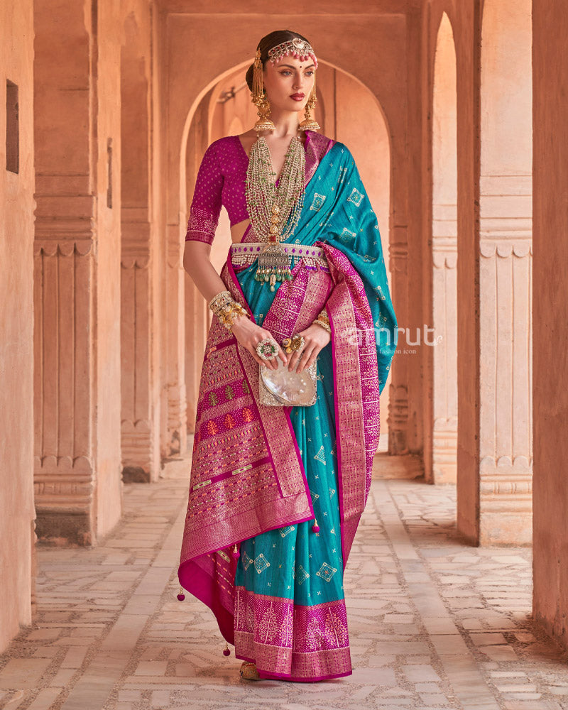 Teal Blue Printed Pure Patola Saree With Red Contrast Pallu