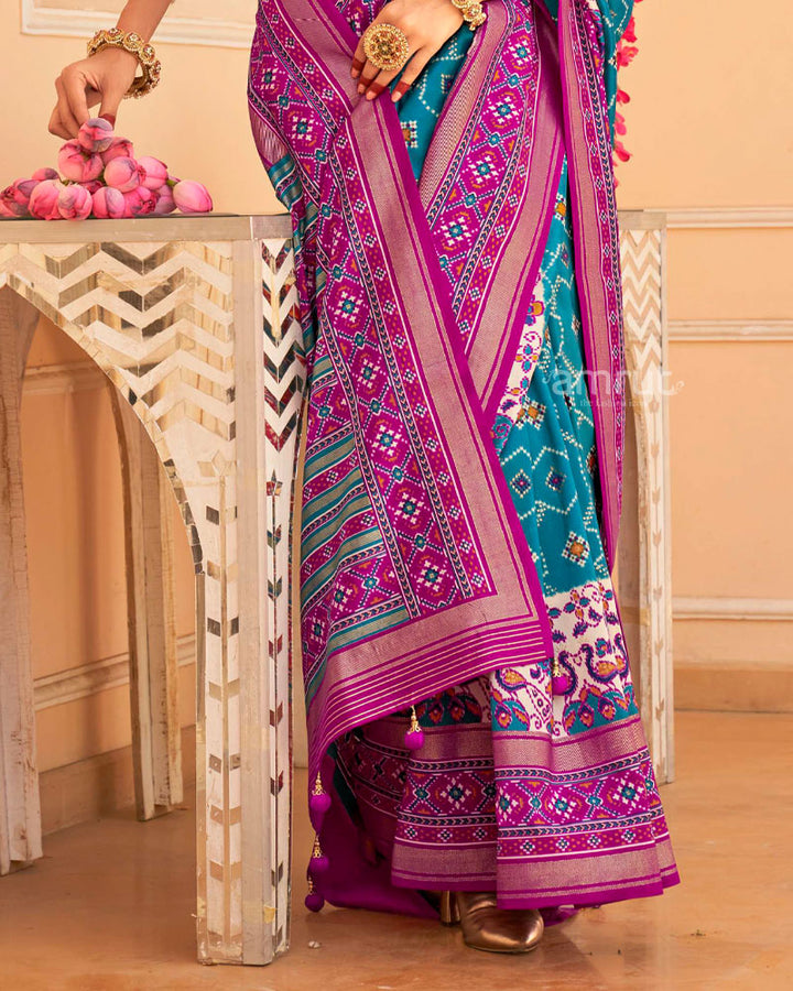 Teal Blue Saree Patola With Unstitched Blouse in Silk