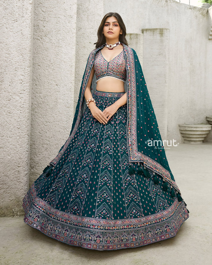 Teal Blue Sequins Georgette Lehenga Choli With Dupatta