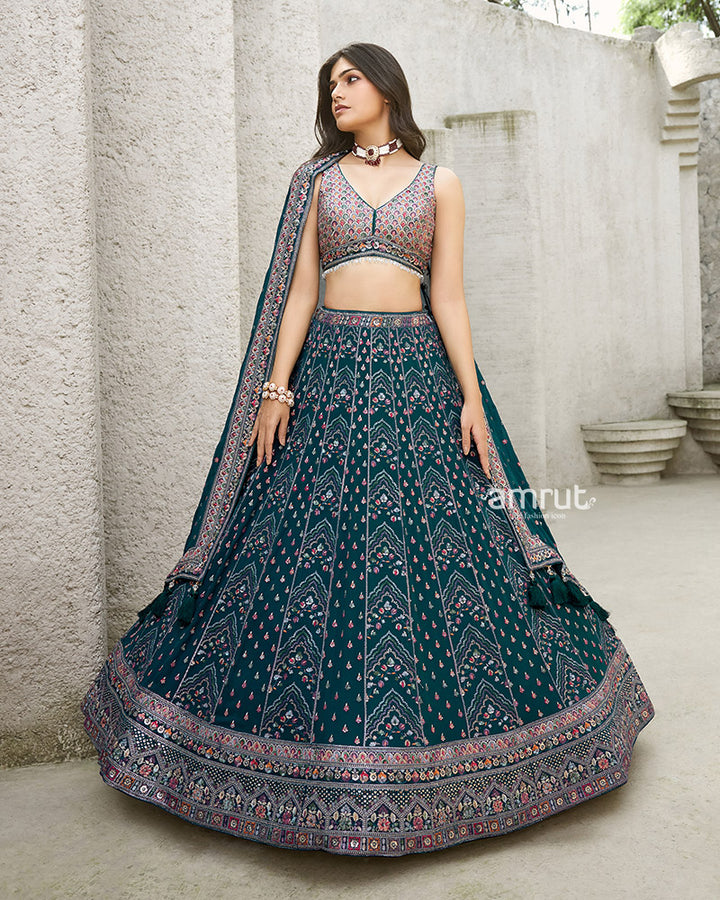 Teal Blue Sequins Georgette Lehenga Choli With Dupatta