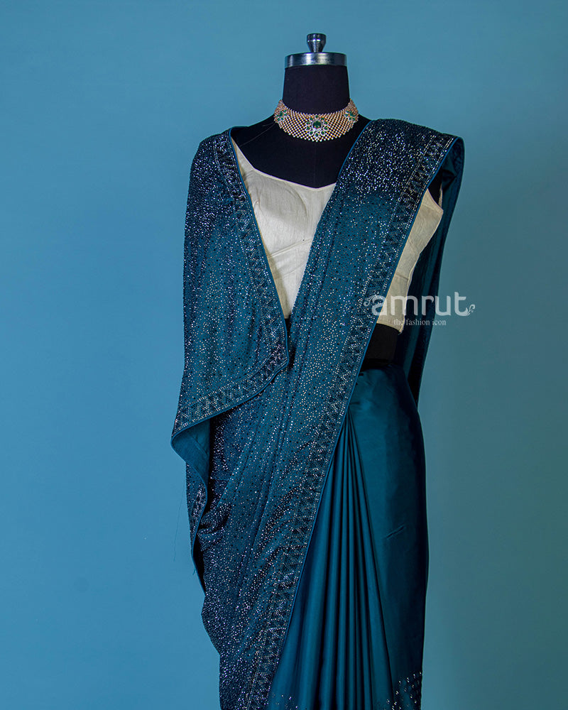 Teal Crystal Embroidered Georgette Saree