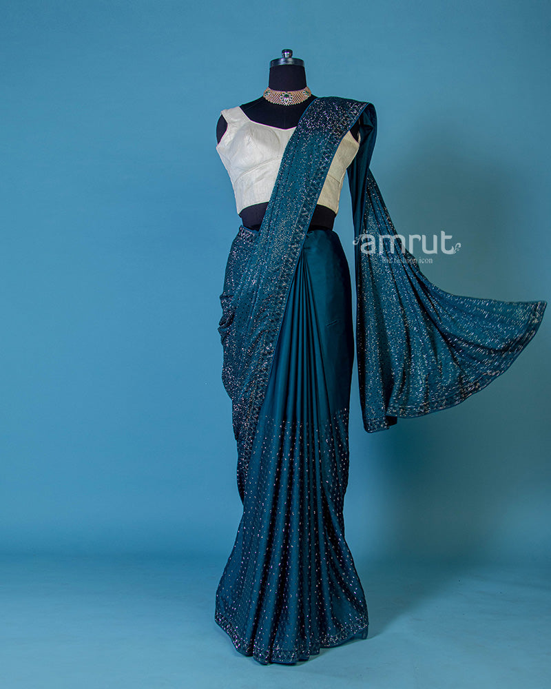 Teal Crystal Embroidered Georgette Saree