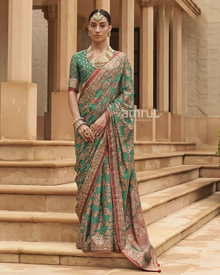 Teal Green Pure Georgette Embroidered Saree With Unstitched Blouse