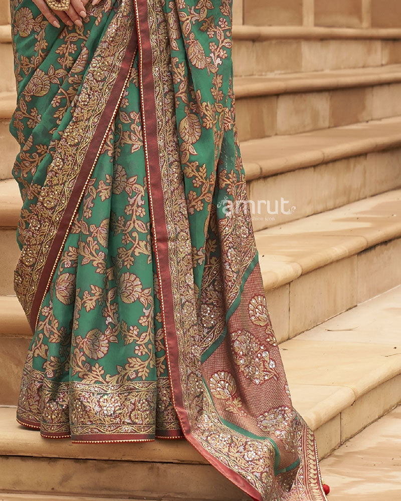 Teal Green Pure Georgette Embroidered Saree With Unstitched Blouse