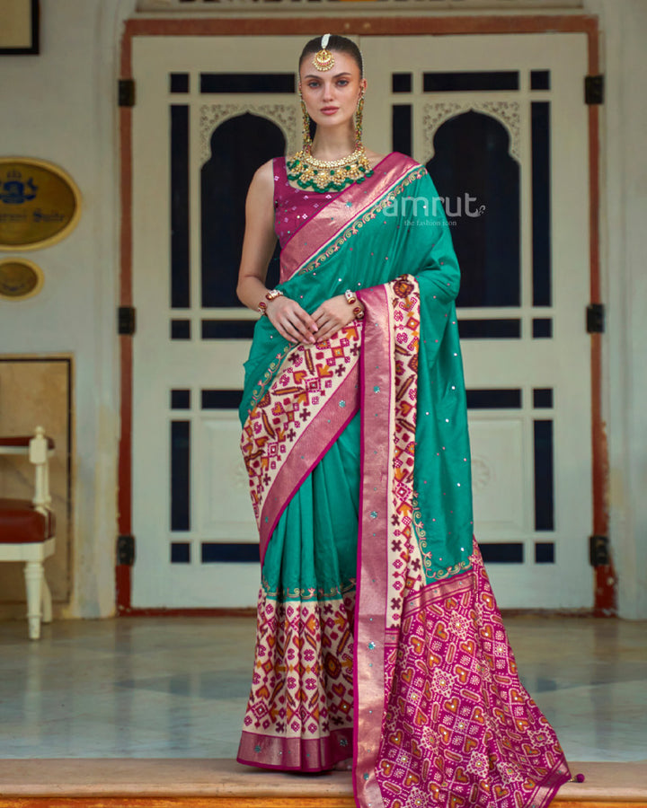 Teal Green Silk Saree With Unstitched Blouse