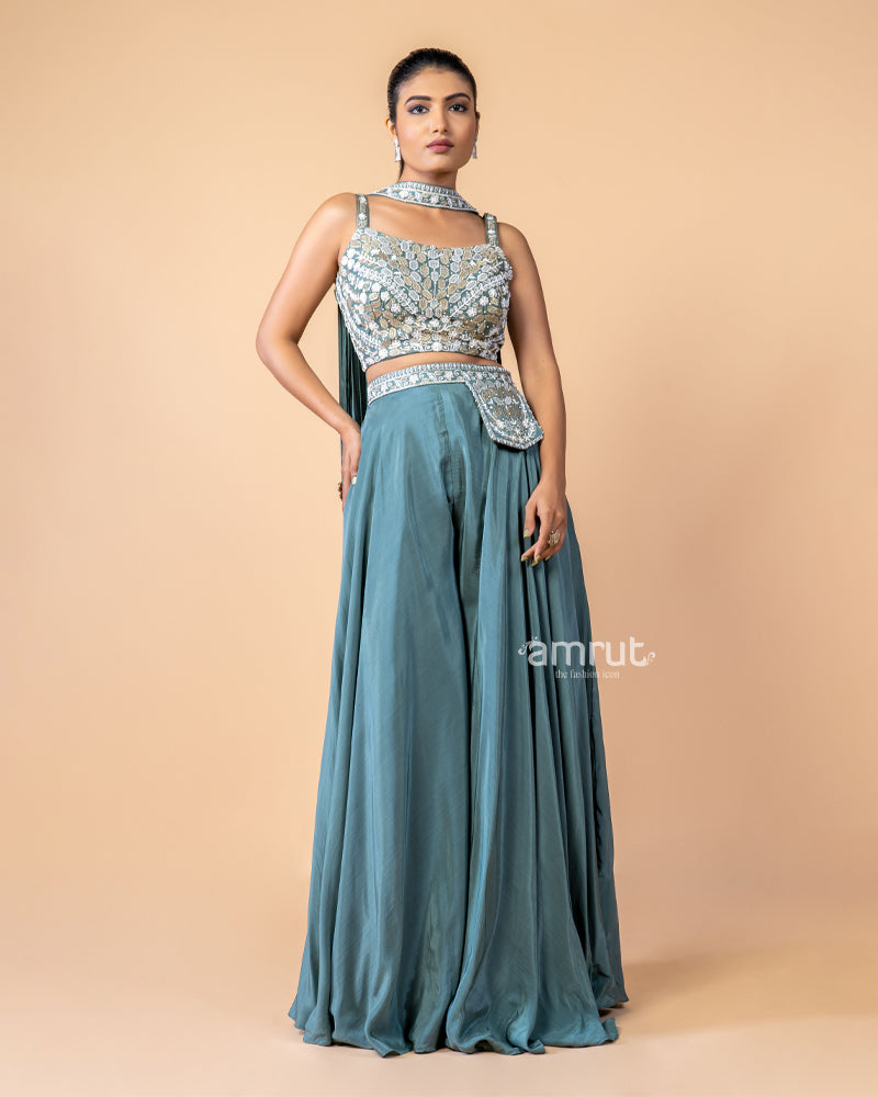 Teal Palazzo Sequence Work Crop Top and Palazzo Set