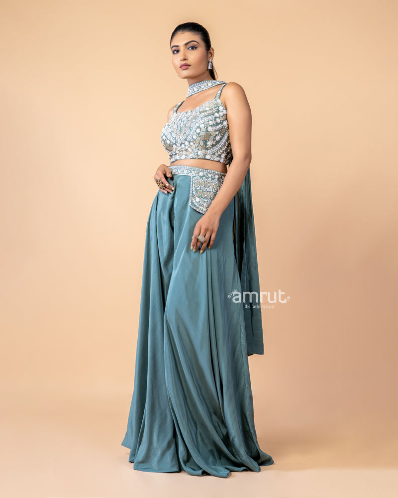 Teal Palazzo Sequence Work Crop Top and Palazzo Set