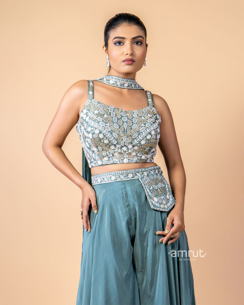 Teal Palazzo Sequence Work Crop Top and Palazzo Set