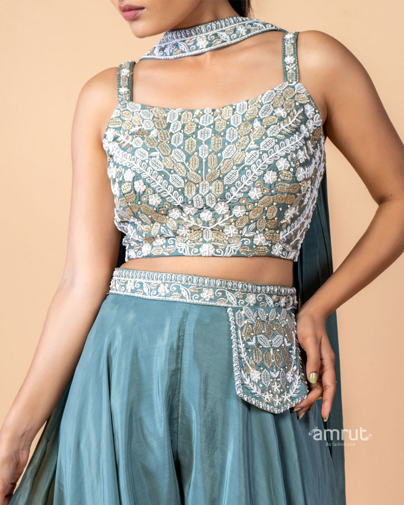 Teal Palazzo Sequence Work Crop Top and Palazzo Set