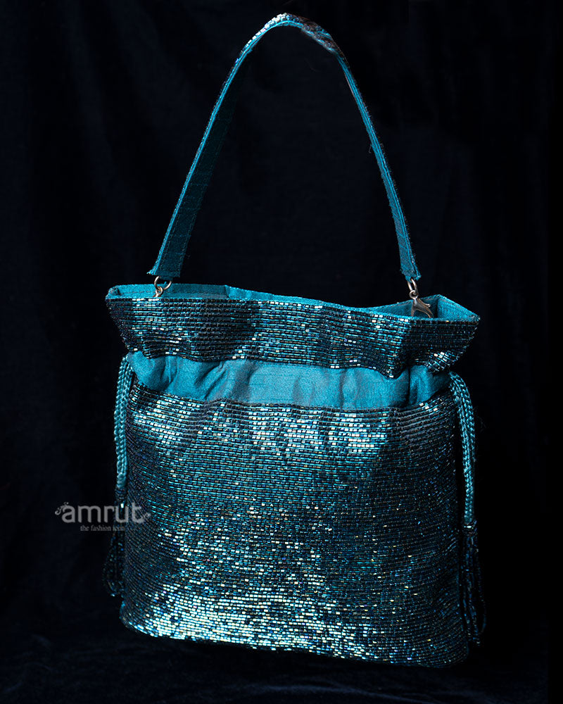 Teal Beaded Sequined Handbag with Fabric Strap 01