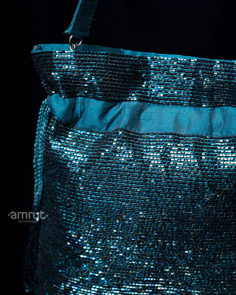 Teal Beaded Sequined Handbag with Fabric Strap 02