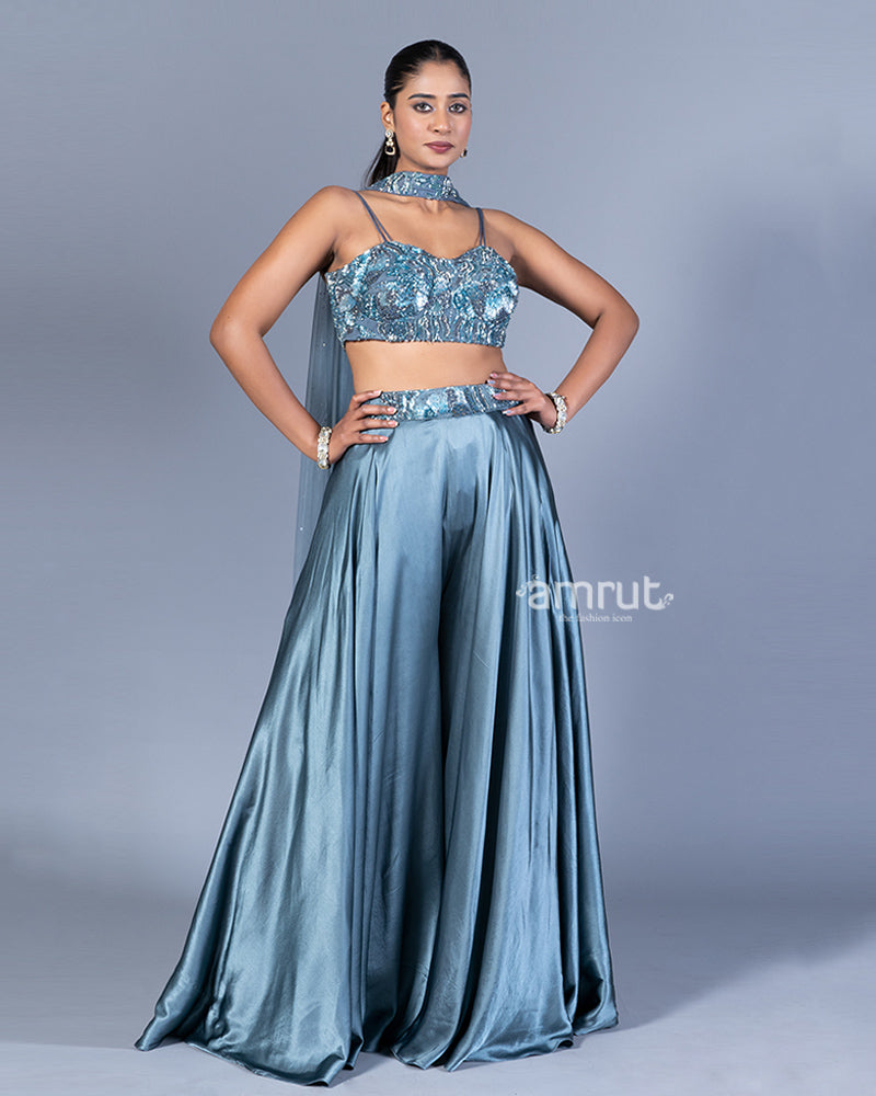 Teal Blue Beaded Crop Top with Wide-Legged Palazzo and Embellished Dupatta 01