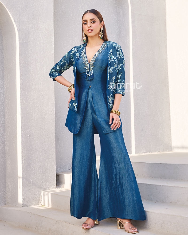 Teal Blue Embroidered Co-ord Set with Flared Pants 01