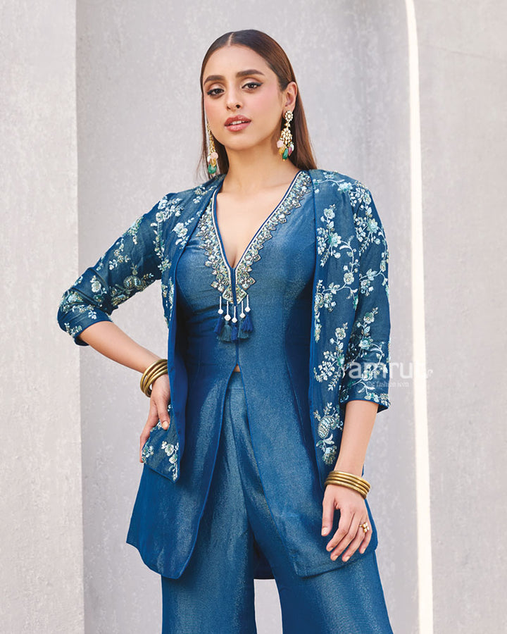 Teal Blue Embroidered Co-ord Set with Flared Pants 02
