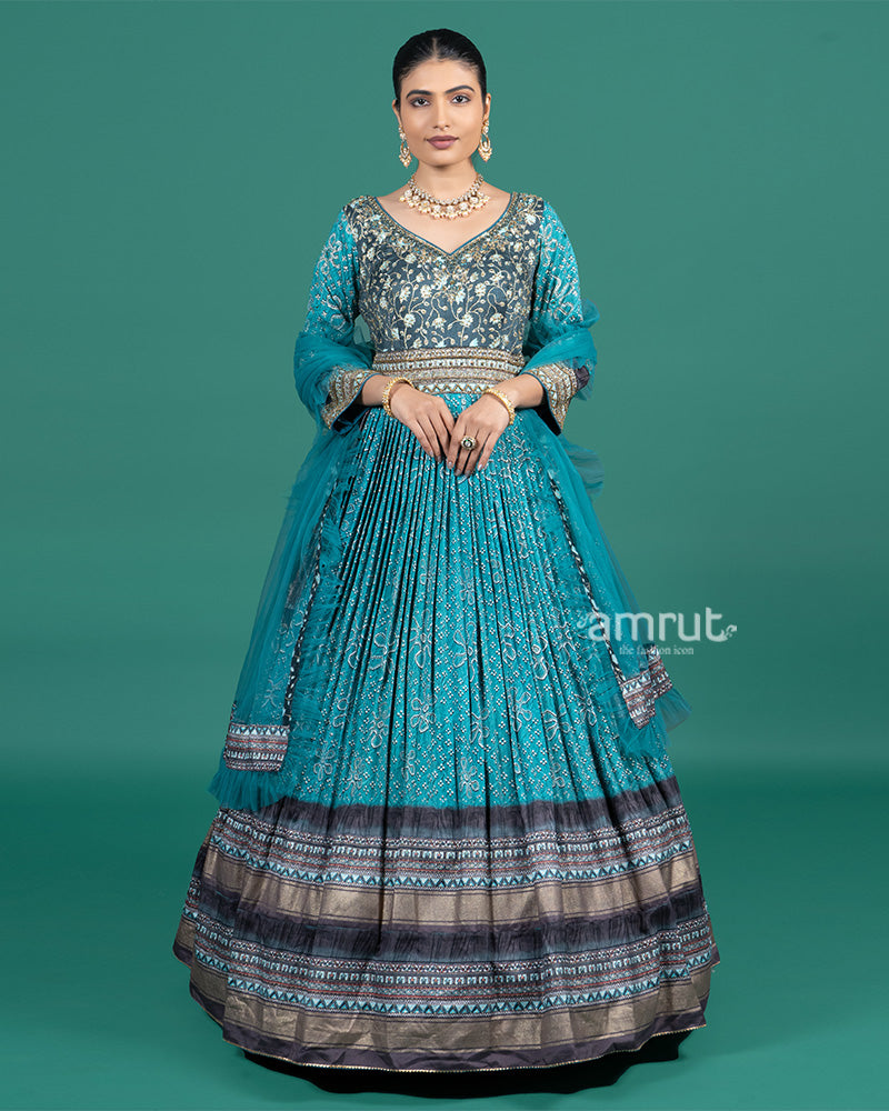 Teal Blue Embroidered Festive Gown with Zari Border and Dupatta 01
