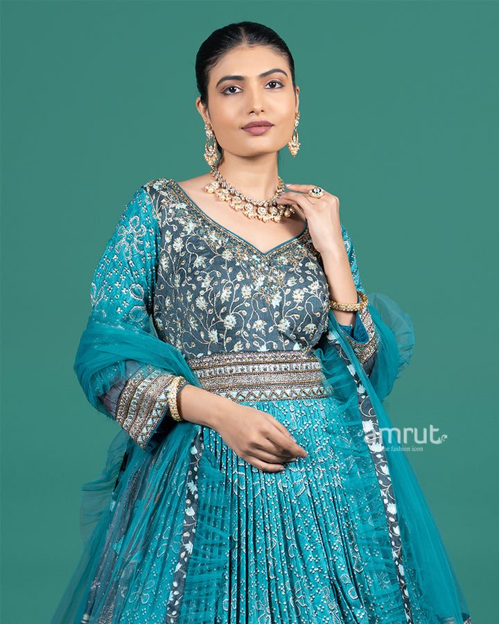 Teal Blue Embroidered Festive Gown with Zari Border and Dupatta 02