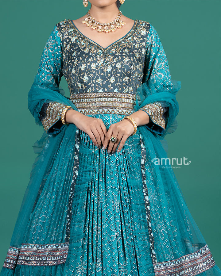 Teal Blue Embroidered Festive Gown with Zari Border and Dupatta 03