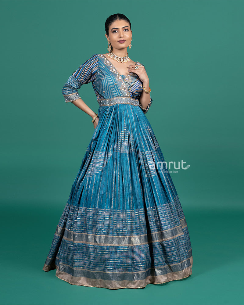Teal Blue Embroidered Gown with Dupatta 01