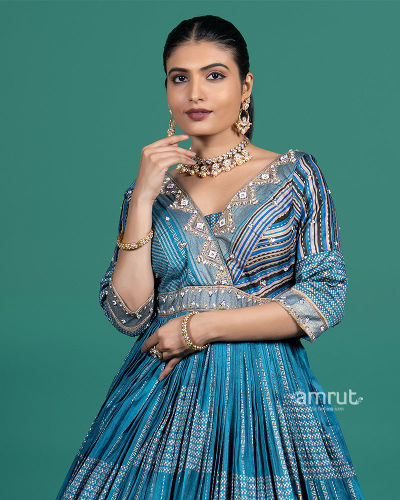 Teal Blue Embroidered Gown with Dupatta 02
