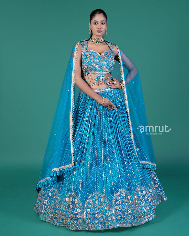 Teal Blue Lehenga Set with Silver Embellished Choli and Dupatta 01