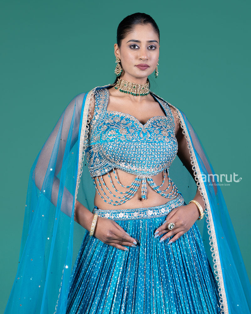 Teal Blue Lehenga Set with Silver Embellished Choli and Dupatta 02