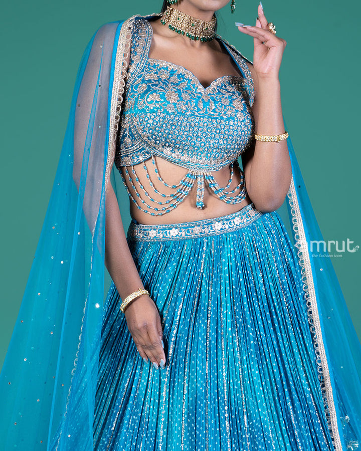 Teal Blue Lehenga Set with Silver Embellished Choli and Dupatta 03