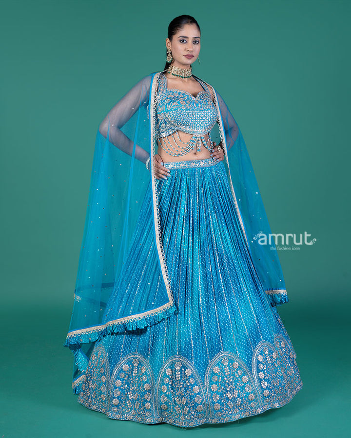 Teal Blue Lehenga Set with Silver Embellished Choli and Dupatta 04