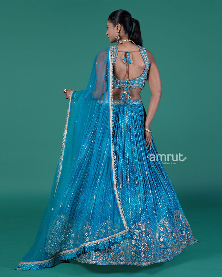 Teal Blue Lehenga Set with Silver Embellished Choli and Dupatta 05