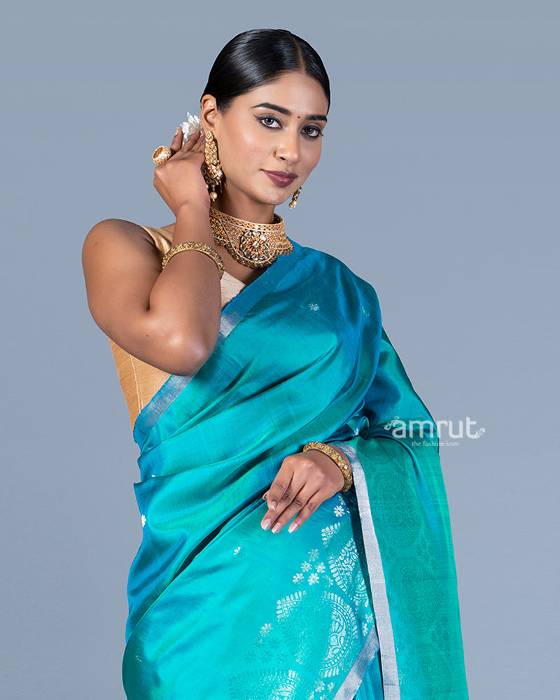 Teal Blue and Green with Intricate Golden Patterns Silk Saree with Unstitched Blouse 02