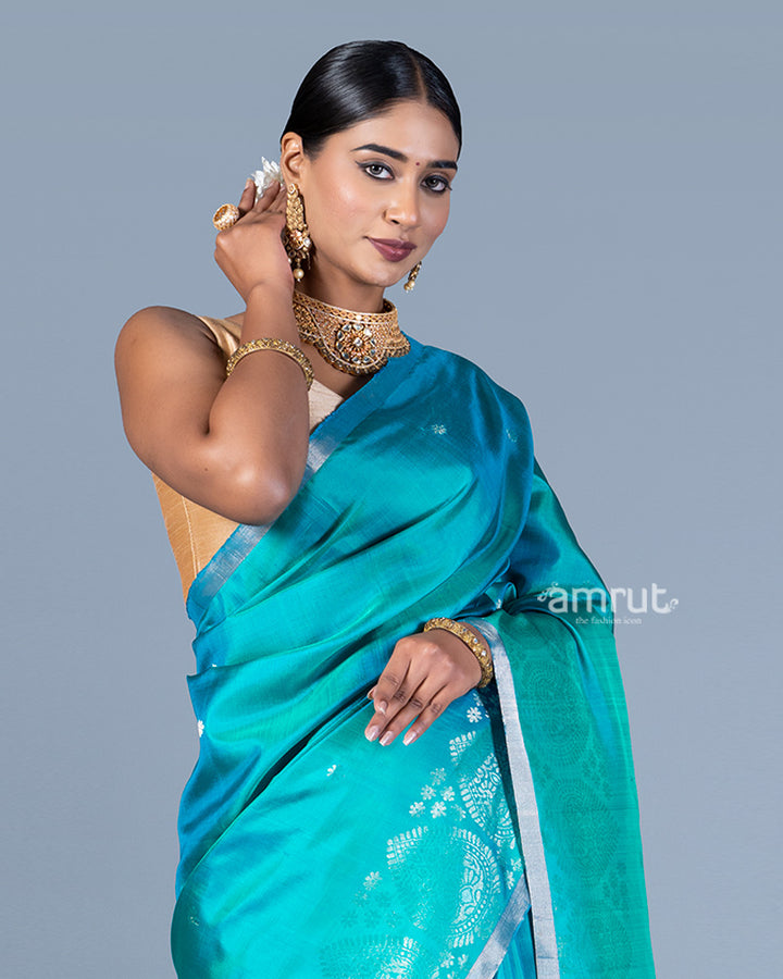 Teal Blue and Green with Intricate Golden Patterns Silk Saree with Unstitched Blouse 02