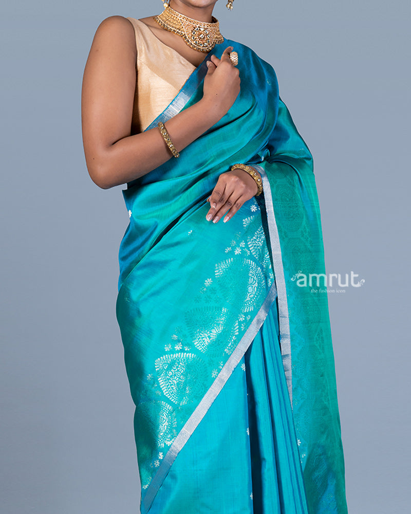 Teal Blue and Green with Intricate Golden Patterns Silk Saree with Unstitched Blouse 03