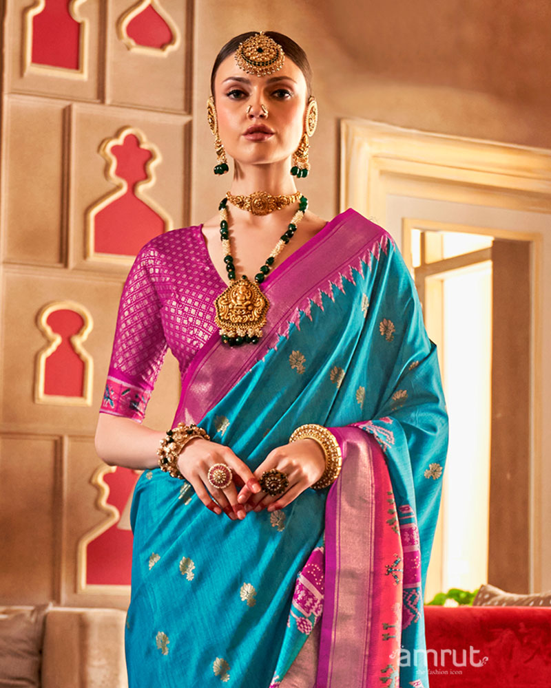 Teal Blue and Magenta Ikat Woven Border Silk Saree with Unstitched Blouse 02