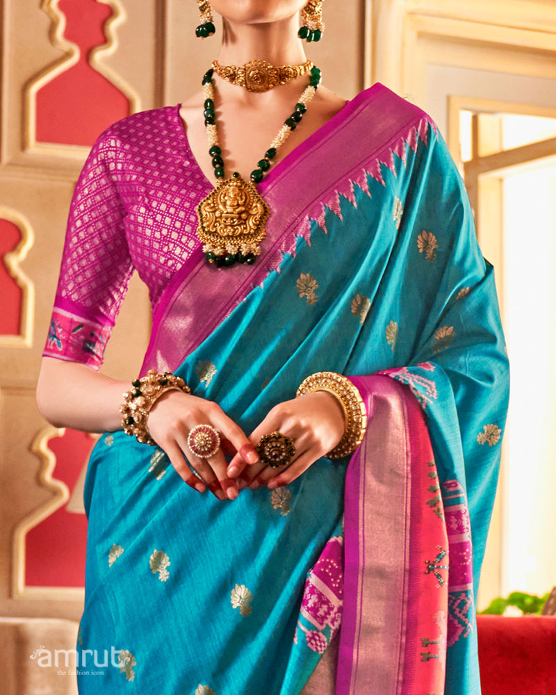 Teal Blue and Magenta Ikat Woven Border Silk Saree with Unstitched