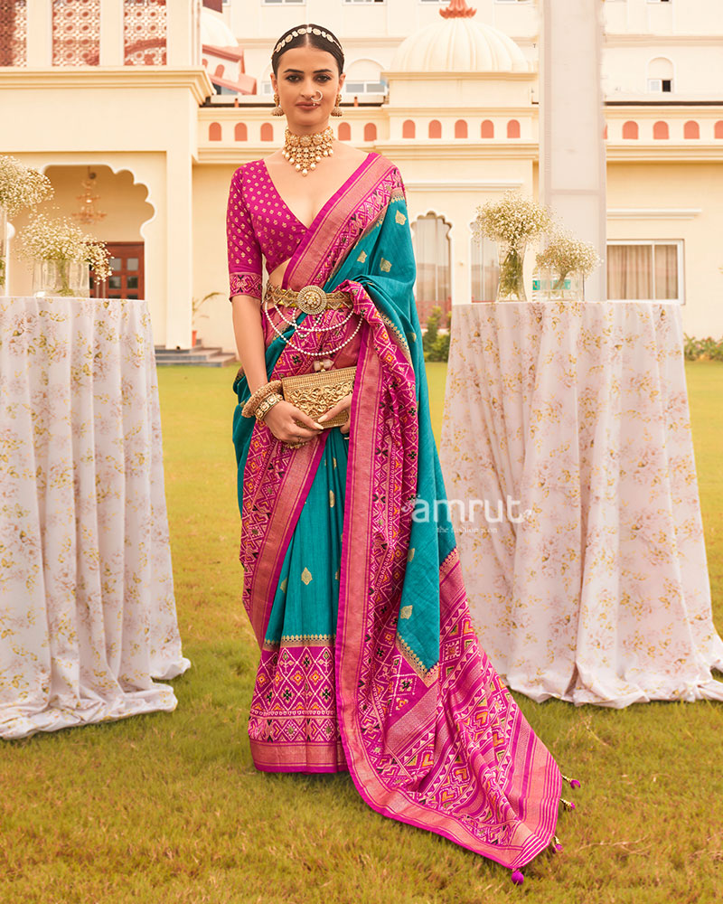 Teal Blue and Pink Border Silk Saree with Unstitched Blouse and Belt 01