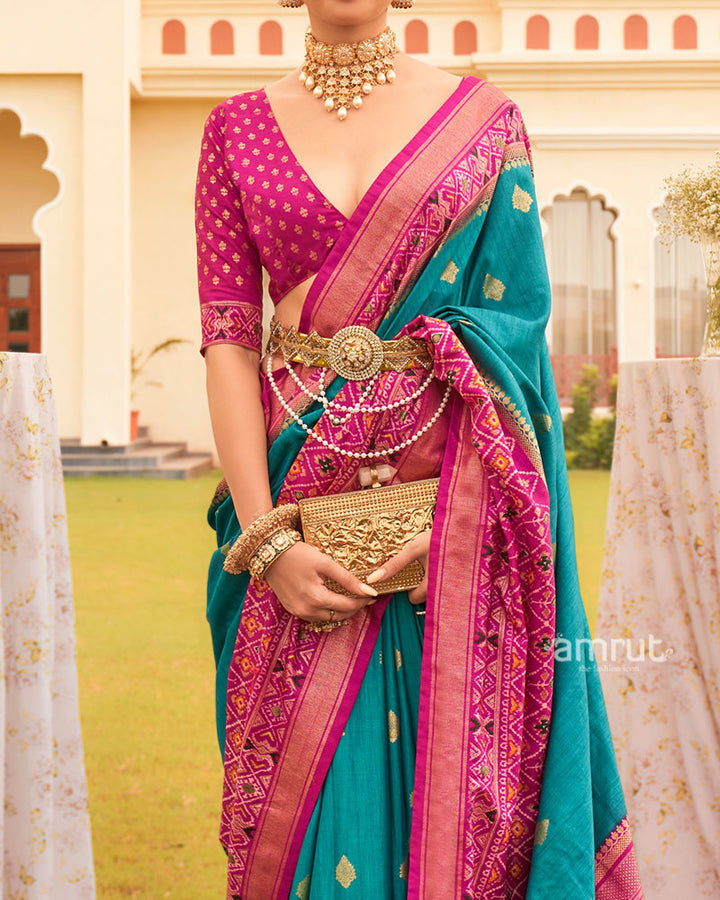 Teal Blue and Pink Border Silk Saree with Unstitched Blouse and Belt 03